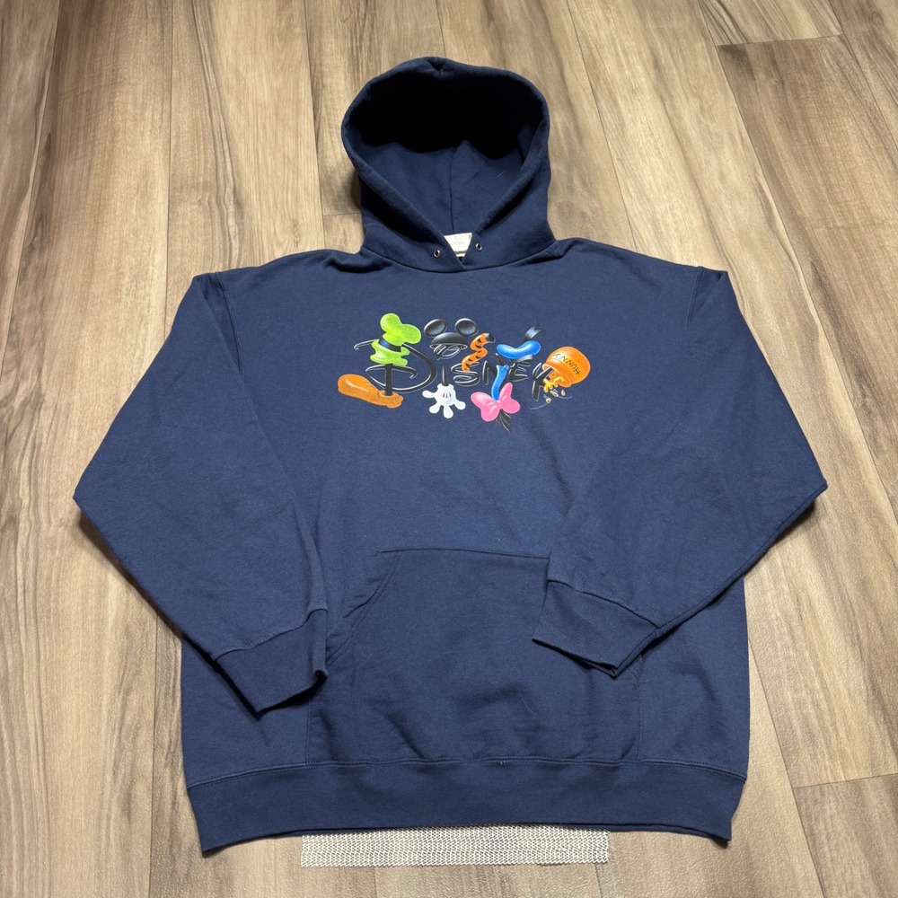 Disney Store Navy Blue Graphic Hoodie Mickey Minnie Pooh Goofy Size L 1155